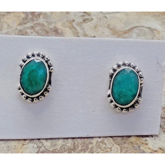 Sterling Silver Faceted Emerald Stud Earrings & Pendant Jewelry Set Dainty Boho - Picture 5 of 8